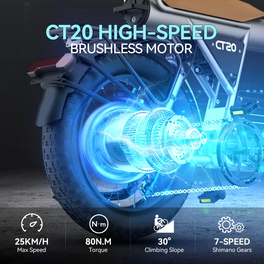 Coswheel CT20 1500W Fat Tire Electric Bike – 20" Moped-Style E-Bike for Adults, 48V 25Ah, Off-Road/Mountain