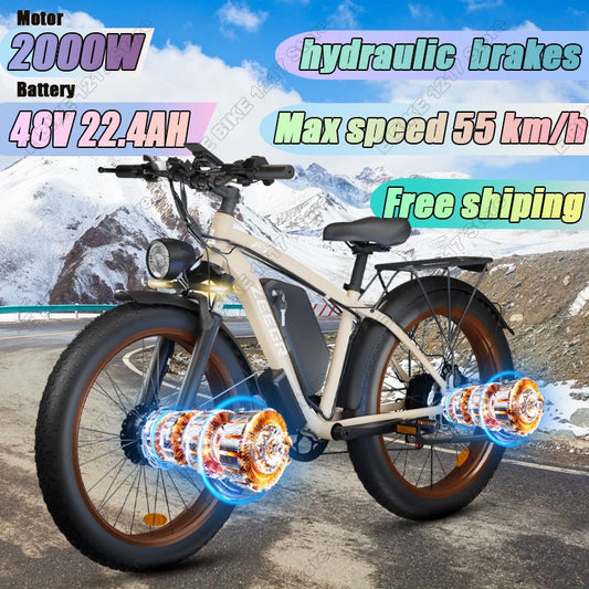 F1 2000W Dual-Motor Fat Tire Electric Bike – 48V 22Ah, 26" Tires, Hydraulic Brakes, Adult Snow/Beach/Mountain E-Bike