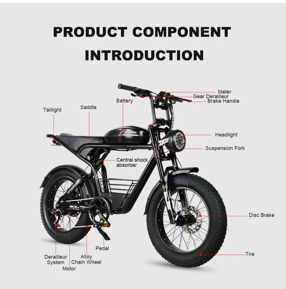 2000W Fat Tire Electric Bike – 48V 36Ah Detachable Battery, 20" Off-Road, High-Carbon Steel Frame